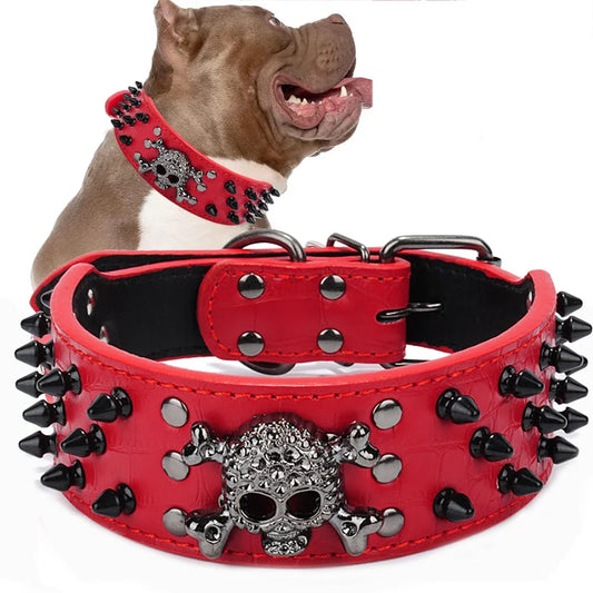 Skull Spiked Studded Leather Dog Collar For Medium Large Dogs Bulldog Adjustable Anti-Bite Neck Strap Collars Leash Accessories