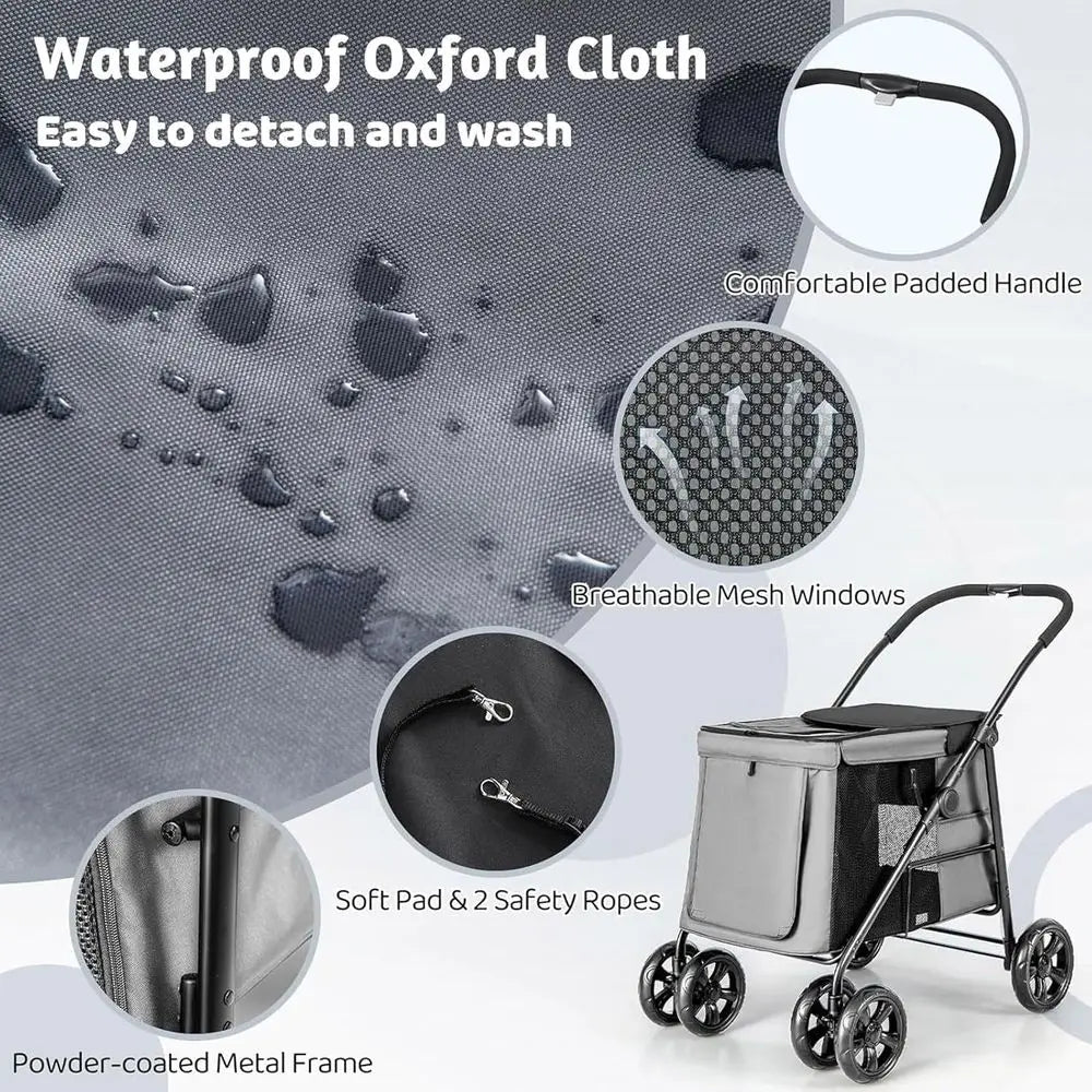 Multi-Entrance Pet Stroller with 4 Shock-Absorbing Wheels, Side Pockets, Safety Strap for Dogs and Cats