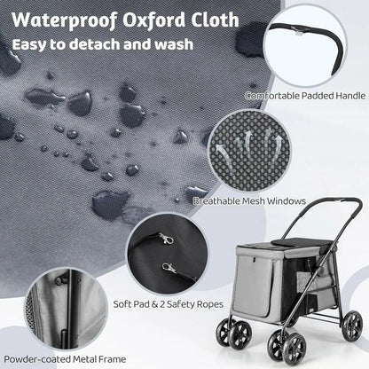 Multi-Entrance Pet Stroller with 4 Shock-Absorbing Wheels, Side Pockets, Safety Strap for Dogs and Cats
