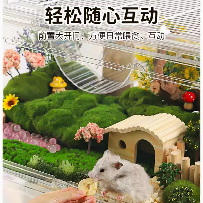 ‌Hamster Cage - Extra Large Acrylic Habitat for Syrian Hamsters, Foldable Transparent Cage with 3 Levels, Spacious Pet Home