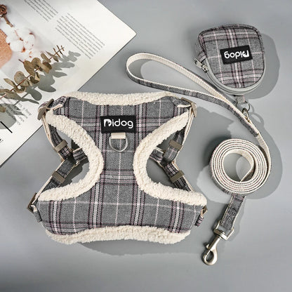 Breathable Dog Harness Leash Bag Set Winter Warm Dog Fur Harnesses Vest Pet Walking Rope With Garbage Bag for Small Medium Dogs