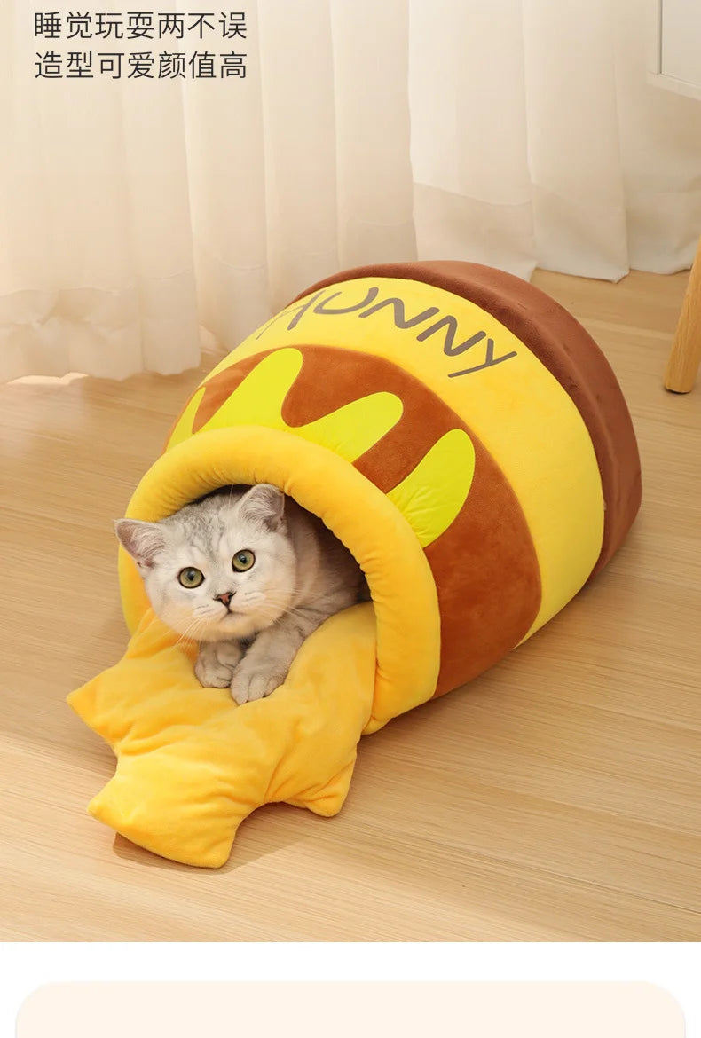 Cat Bed Warm Comfortable Kennel Nest Pet Cat Bed Soft Removable Cushion Nonslip Bottom Cartoon Washable House Honey Pot Cave