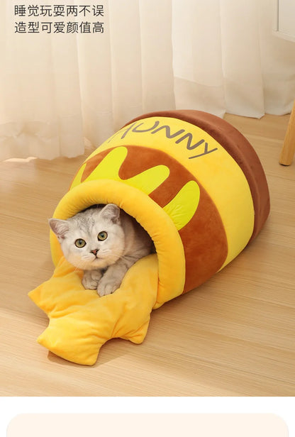 Cat Bed Warm Comfortable Kennel Nest Pet Cat Bed Soft Removable Cushion Nonslip Bottom Cartoon Washable House Honey Pot Cave