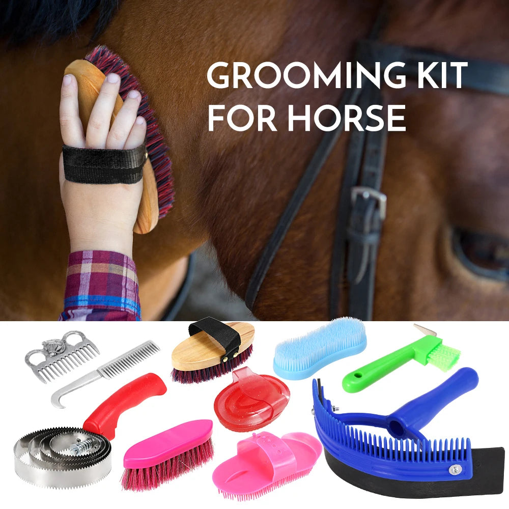 10-IN-1 Horse Grooming Tool Set Cleaning Kit Mane Tail Comb Massage Curry Brush Sweat Scraper Hoof Pick Curry Comb Scrubber