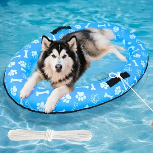 59'' x 39'' Inflatable Dog Pool Float with Rope - Tear Resistant Ox Material Blue Color Stable Support for Small Medium Large D