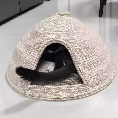 Cat Bed Scratcher Linen-cotton Weaving Kitten Cat Nests Pet Kittens Puppy Semi Enclosed Warm Safe Sleeping Bed with Handle