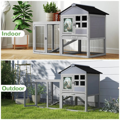 Wooden Rabbit Hutch Cage House Animal with Removable Tray&Roof Outdoor
