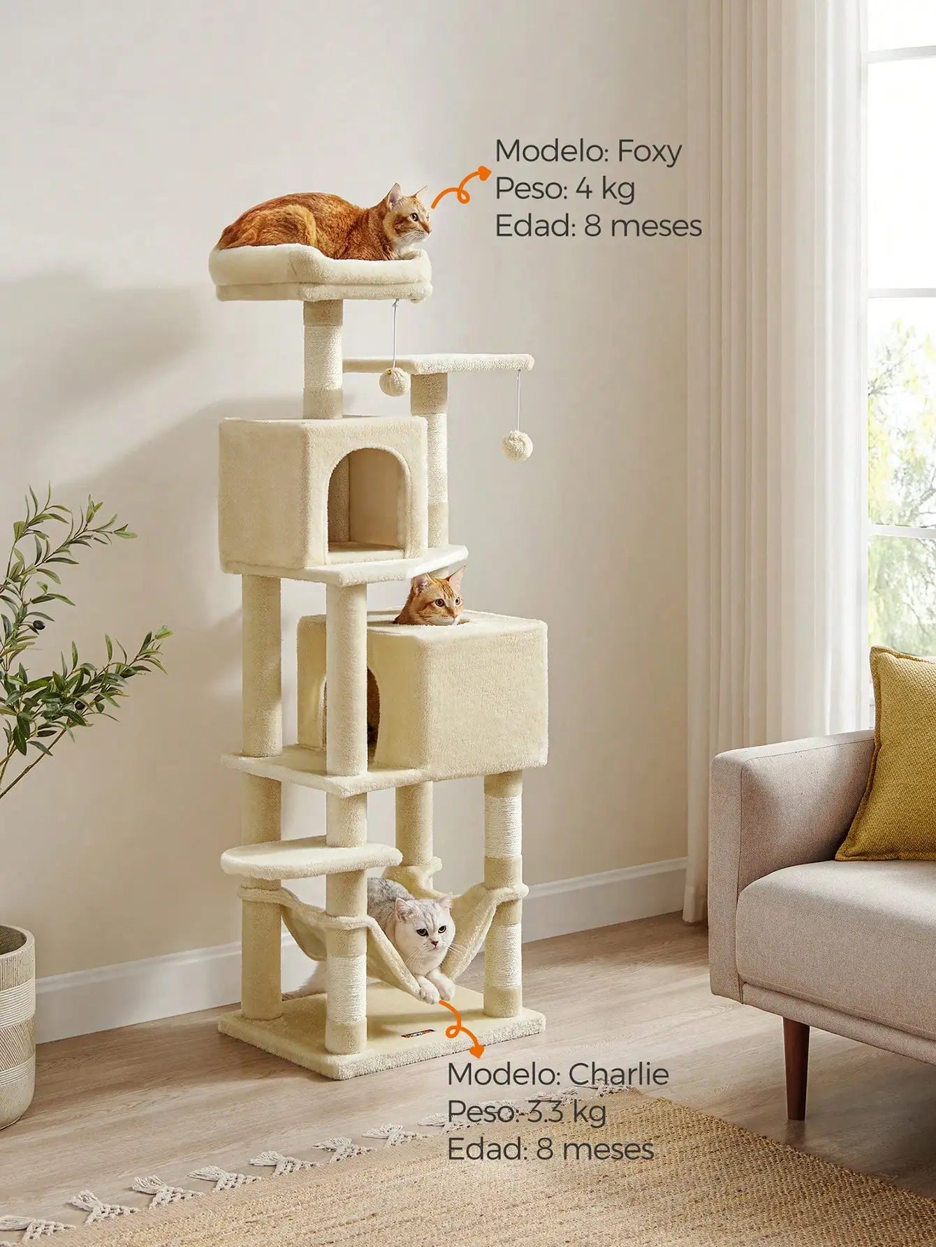 Feandrea 155cm Cat Tree: Indoor tower with 5 posts, 2 caves, hammock, 2 pompoms, Beige.