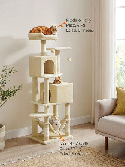 Feandrea 155cm Cat Tree: Indoor tower with 5 posts, 2 caves, hammock, 2 pompoms, Beige.