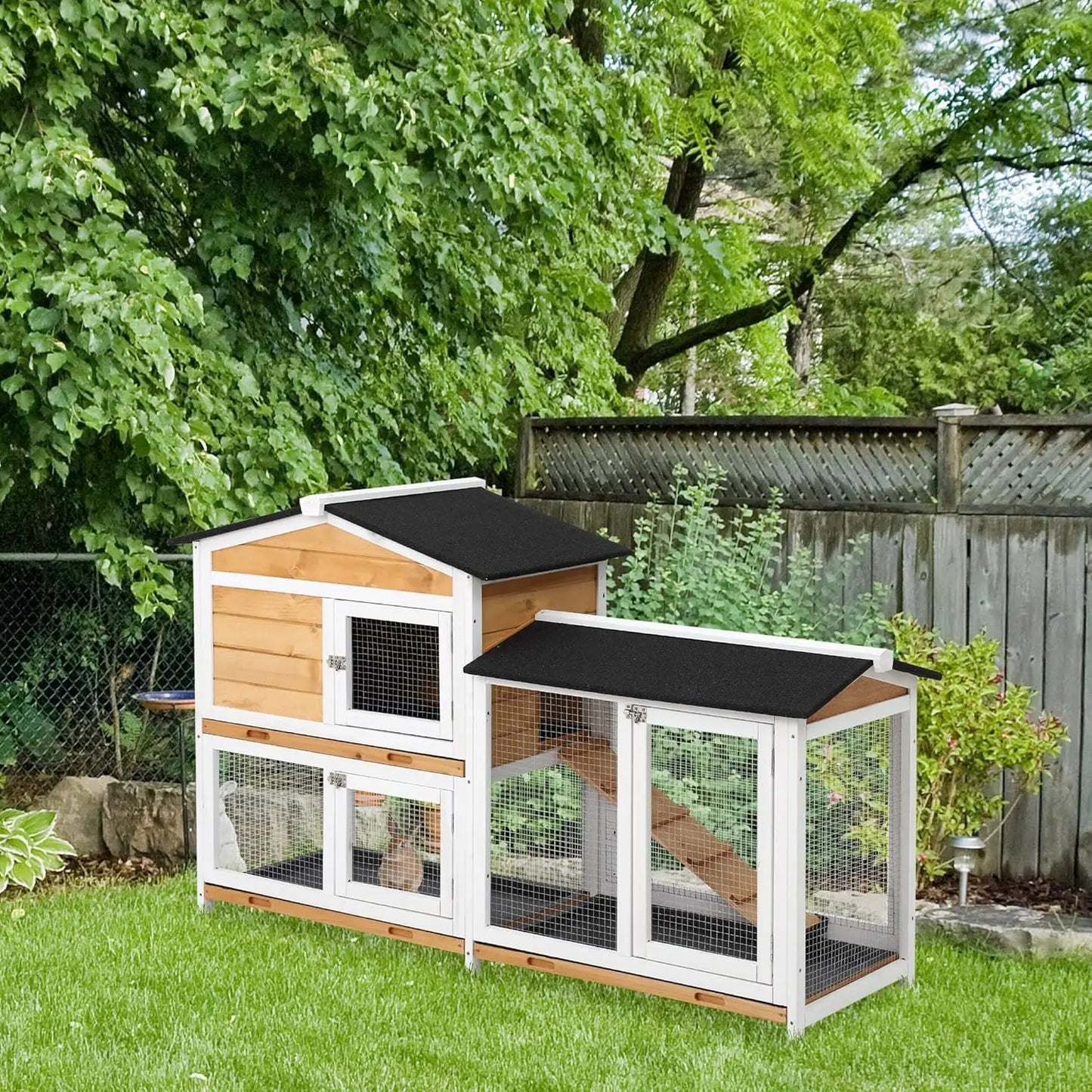 Wooden Bunny Hutch, Guinea Pig Cage, Small Animal Enclosure with Run Area, Removable Tray