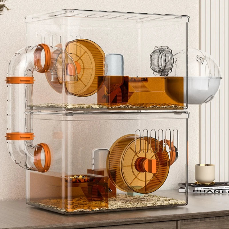 Acrylic Hamster Cage Transparent Habitat with Silent Running Wheel Large Space Enclosure for Hamster Easy-Clean Animal Home