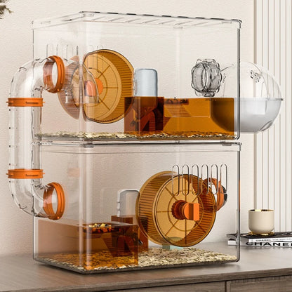 Acrylic Hamster Cage Transparent Habitat with Silent Running Wheel Large Space Enclosure for Hamster Easy-Clean Animal Home