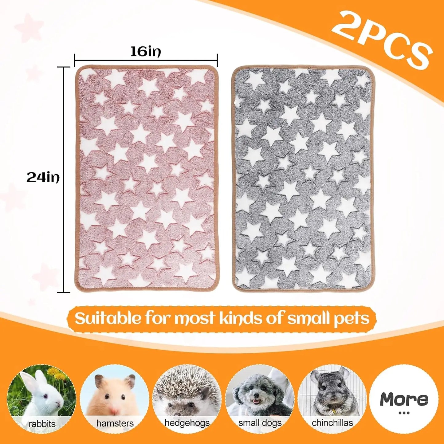 2 Pack Warm Coral Fleece Pet Blankets, Washable Cage Liners for Small Animals, 24x16 Inches