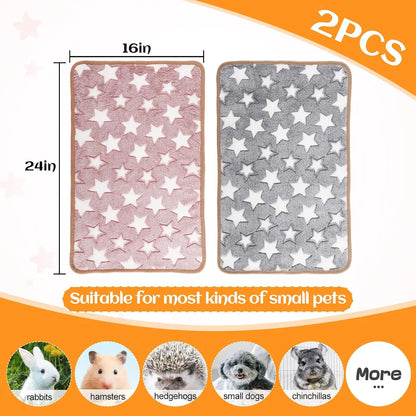 2 Pack Warm Coral Fleece Pet Blankets, Washable Cage Liners for Small Animals, 24x16 Inches
