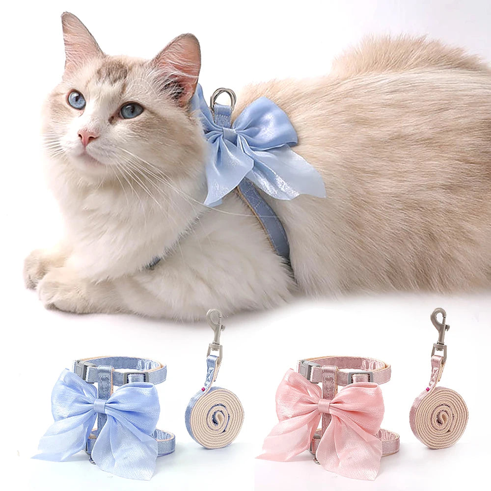 Cat Harness and Leash Set with Big Bow, Escape Proof Reflective Kitten Lead, Adjustable H-Type Vest for Walking, Cute Shiny