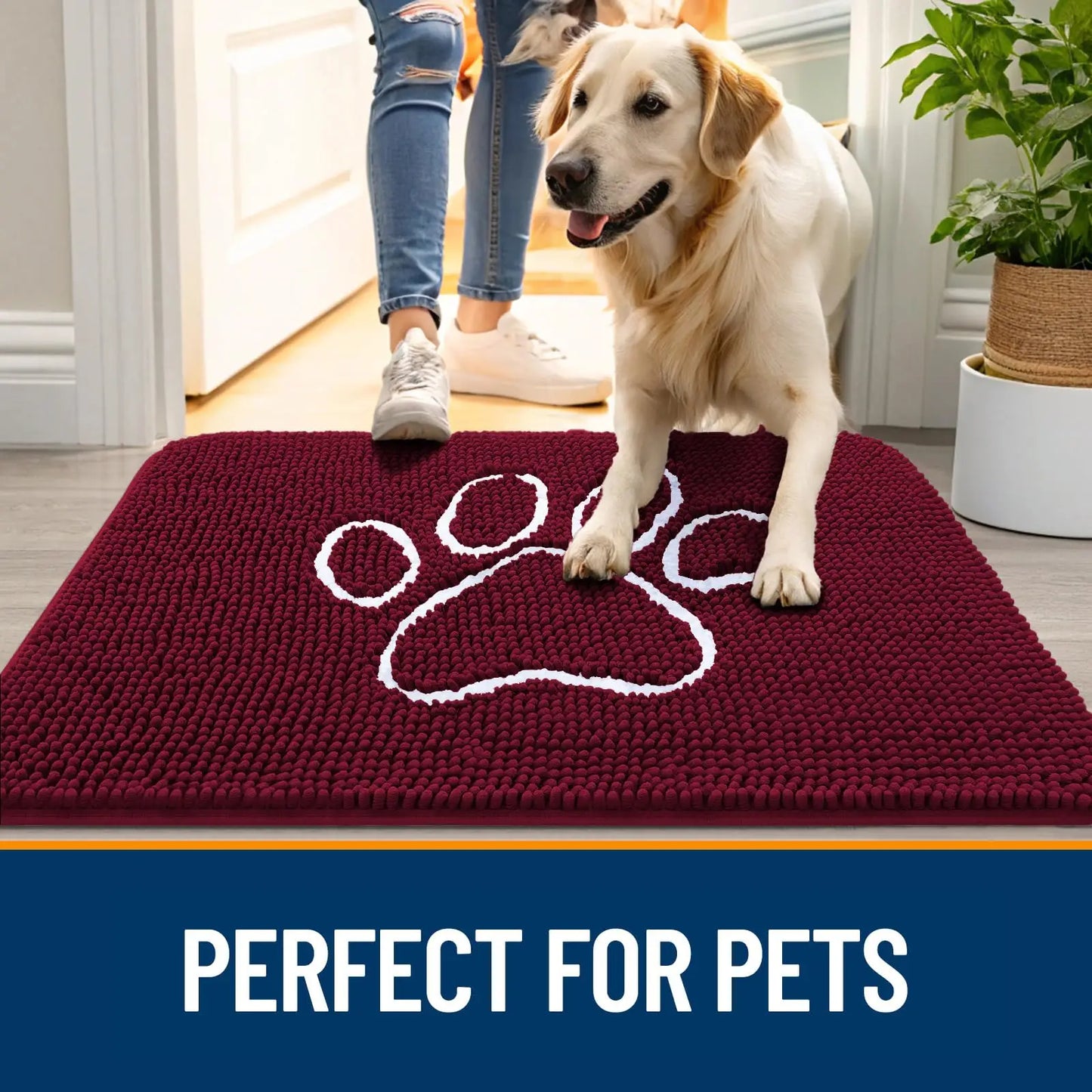 Kitinjoy Ultra Absorbent Chenille Mud Doormat With Paw Print Design Non-Slip Quick-Dry Washable Mats Door Mat for Muddy Dog Paws
