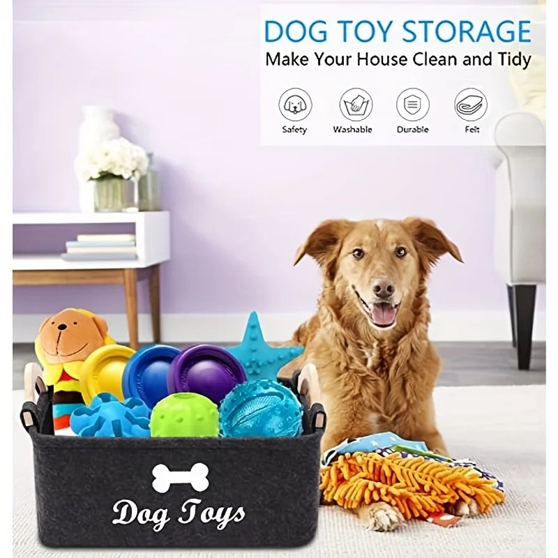 Stylish Felt Pet Toy Storage Basket - Durable Organizer for Cat & Dog Toys, Dirty Clothes, and Cleaning Supplies - Letter Print