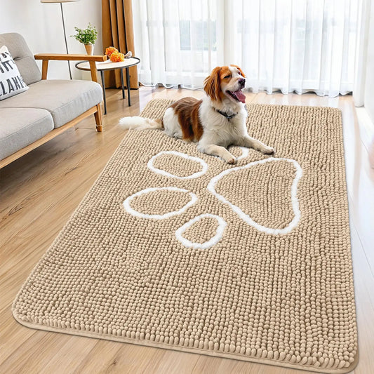 Kitinjoy Ultra Absorbent Chenille Mud Doormat With Paw Print Design Non-Slip Quick-Dry Washable Mats Door Mat for Muddy Dog Paws
