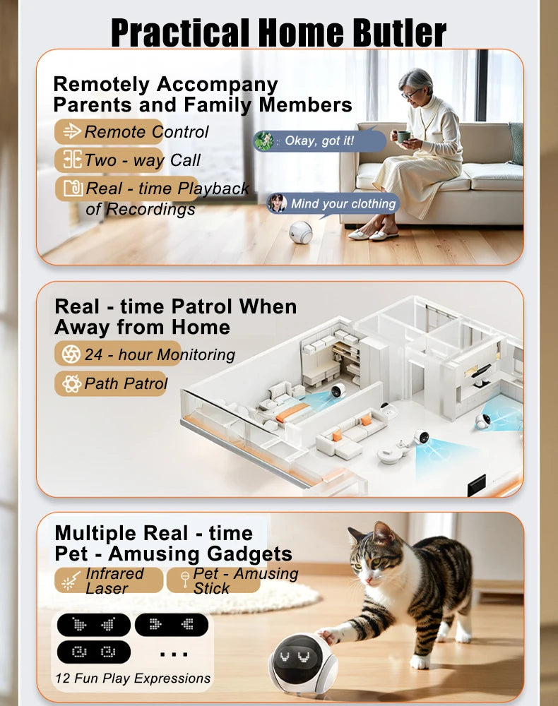Famue Home Security Robot for Elderly & Kids – Auto Charging Smart Camera with IR Night Vision, Two-Way Audio and Full House