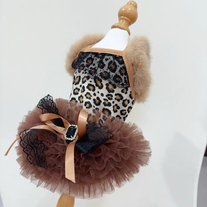 Retro Coffee Leopard Puppy Costumes Autumn Winter Plush Lace Bow Sling Dresses for Small Medium Dog Fashion Casual Pet Clothes
