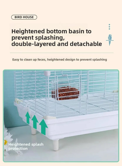Birdcage for Budgerigars - Large Villa-Style British-Inspired Metal Display Cage with Horizontal Wire Base for Parakeets