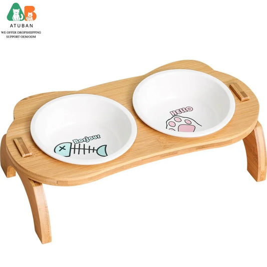 Raised Cat Bowls,Elevated Bamboo Food Bowls for Cat and Small Dog,Anti-Leak Pet Food Water Bowl Feeder Perfect for Puppy and Cat