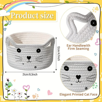 Cat Basket Storage Woven Basket Organizer with Ears Decorative Pet Toy Cute Basket Cotton Rope Basket for Gift Cat Dog Toy Bin