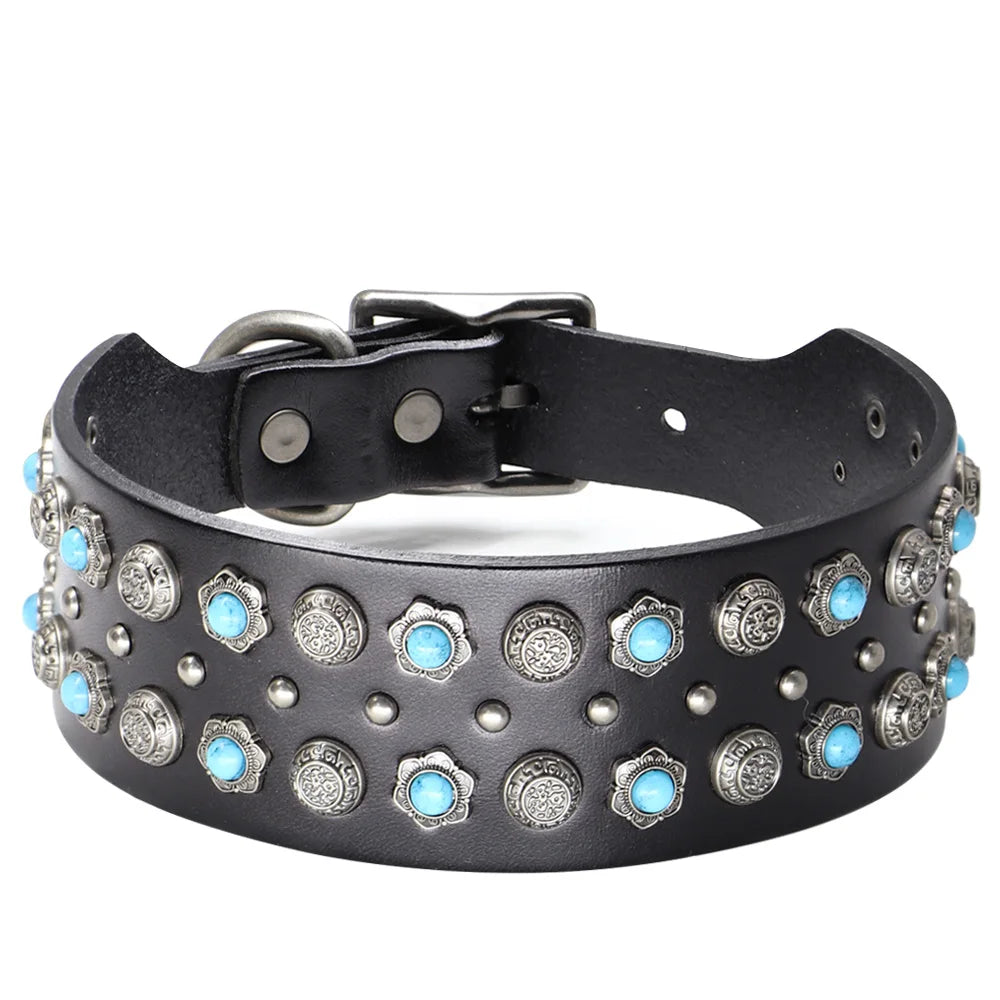 Luxurious Dog Real Leather Collar Cool Spiked Studded Pet Collars Jeweled Leather Dogs Collars Necklace For Pet Show Bulldog