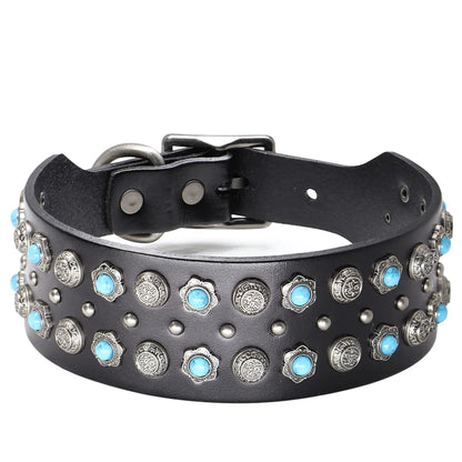 Luxurious Dog Real Leather Collar Cool Spiked Studded Pet Collars Jeweled Leather Dogs Collars Necklace For Pet Show Bulldog