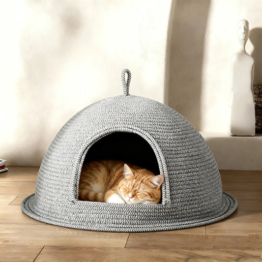 Cat Bed Scratcher Linen-cotton Weaving Kitten Cat Nests Pet Kittens Puppy Semi Enclosed Warm Safe Sleeping Bed with Handle