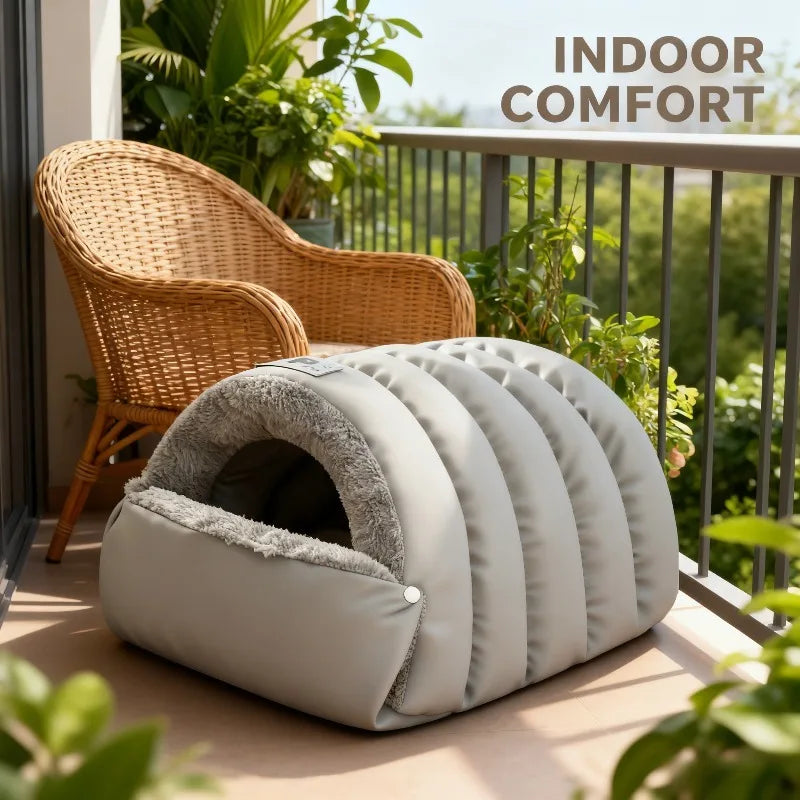 Cat Bed Semi Enclosed Winter Cat and Dog Bed with Leather Edging Windproof and Warm Small Animals in Cold Weather