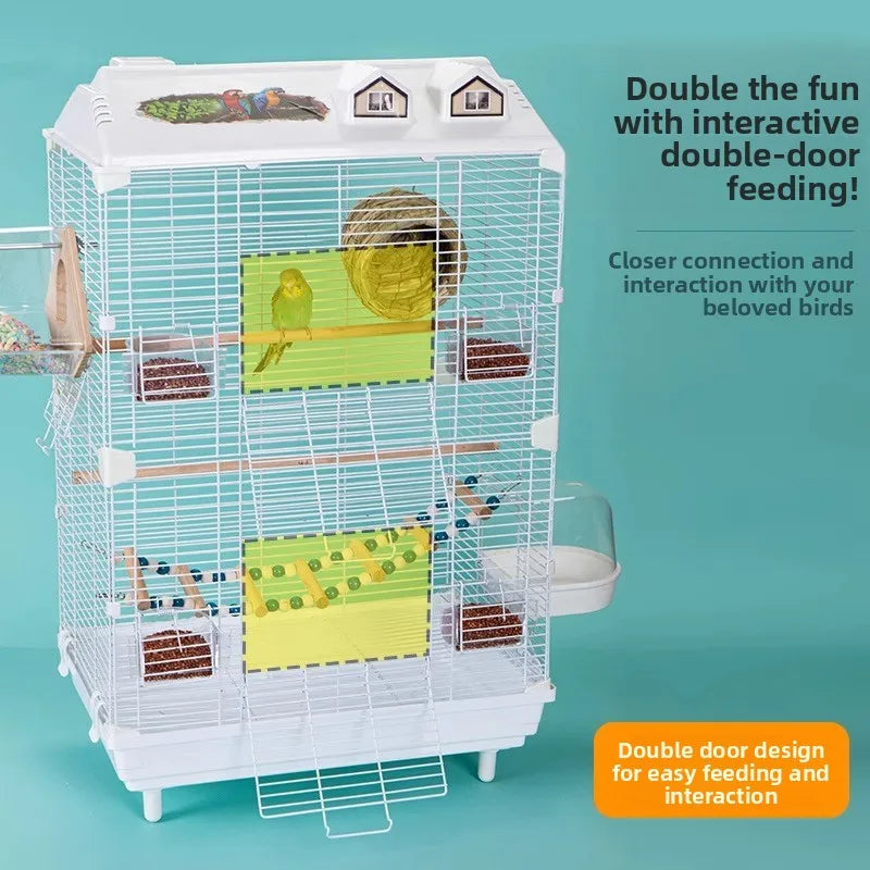 Birdcage for Budgerigars - Large Villa-Style British-Inspired Metal Display Cage with Horizontal Wire Base for Parakeets