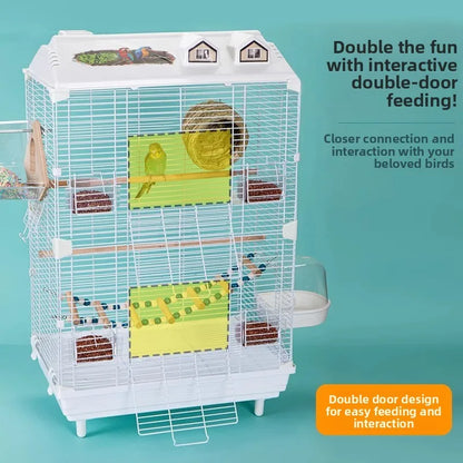 Birdcage for Budgerigars - Large Villa-Style British-Inspired Metal Display Cage with Horizontal Wire Base for Parakeets
