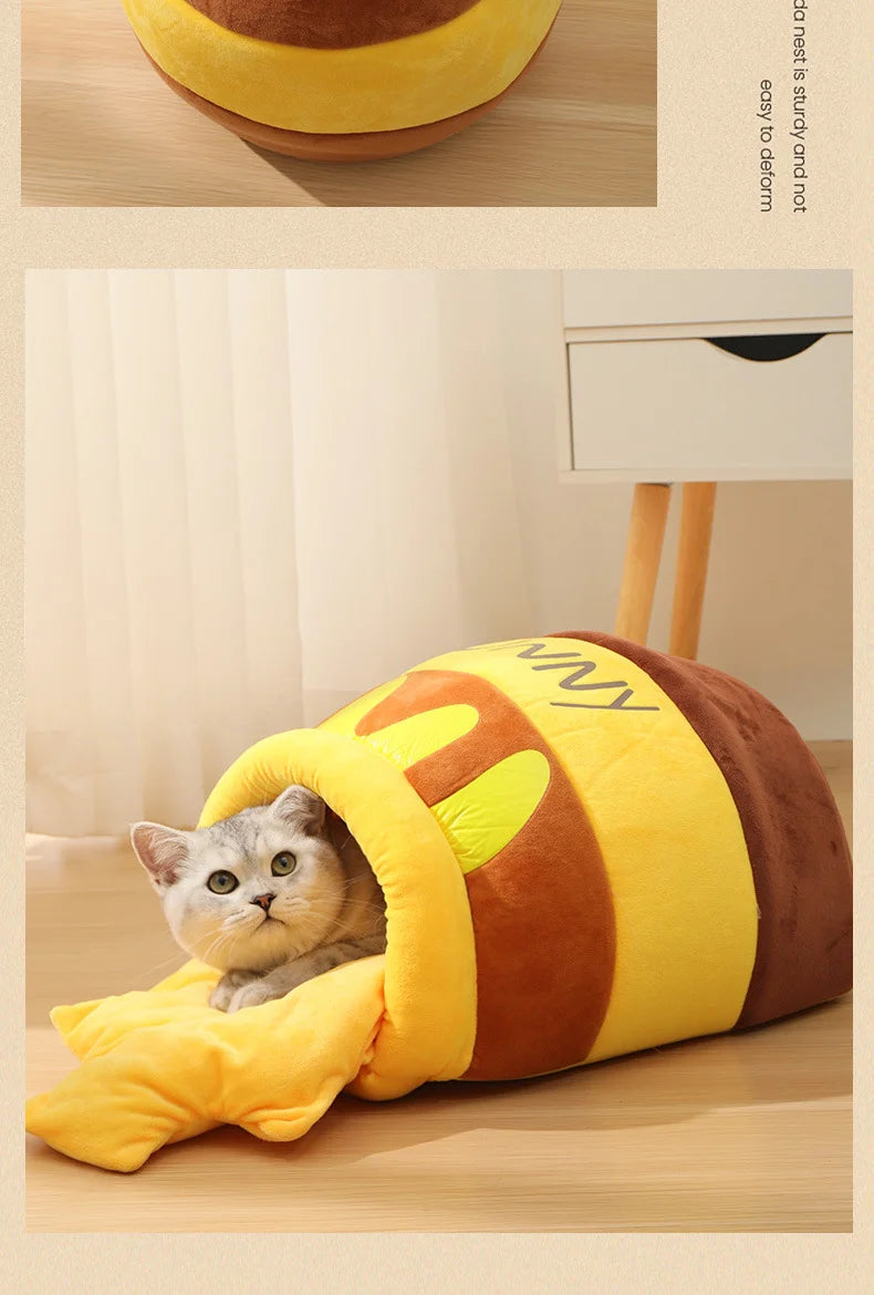 Cat Bed Warm Comfortable Kennel Nest Pet Cat Bed Soft Removable Cushion Nonslip Bottom Cartoon Washable House Honey Pot Cave
