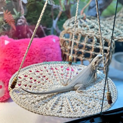 R53F Handwoven Hammock for Bearded Dragons Geckos Lizards Snake Birds Habitat Climbing Bed with Beads