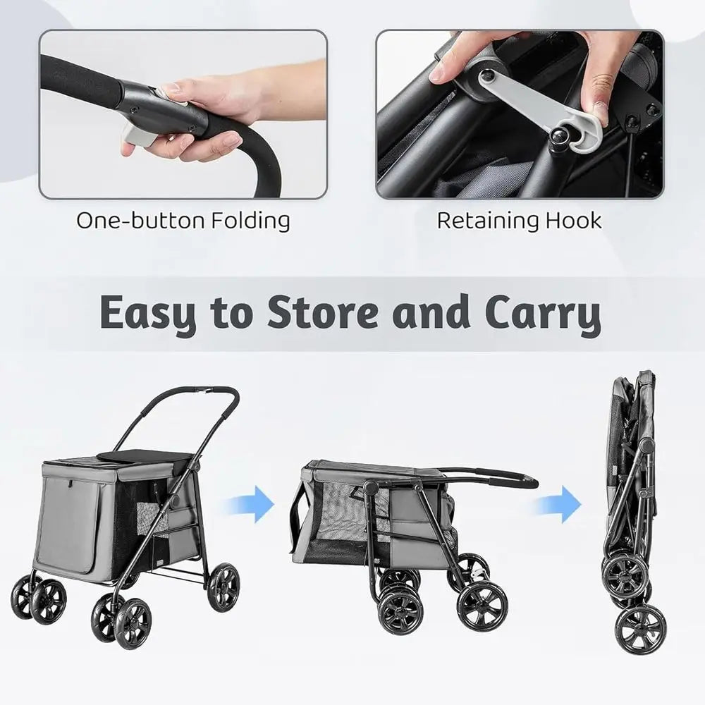 Multi-Entrance Pet Stroller with 4 Shock-Absorbing Wheels, Side Pockets, Safety Strap for Dogs and Cats