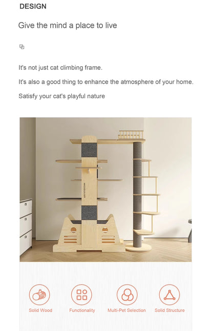 Solid Wood 1 Multi-Level Cat Climbing Frame Large Cat Tower Cat Tree Villa