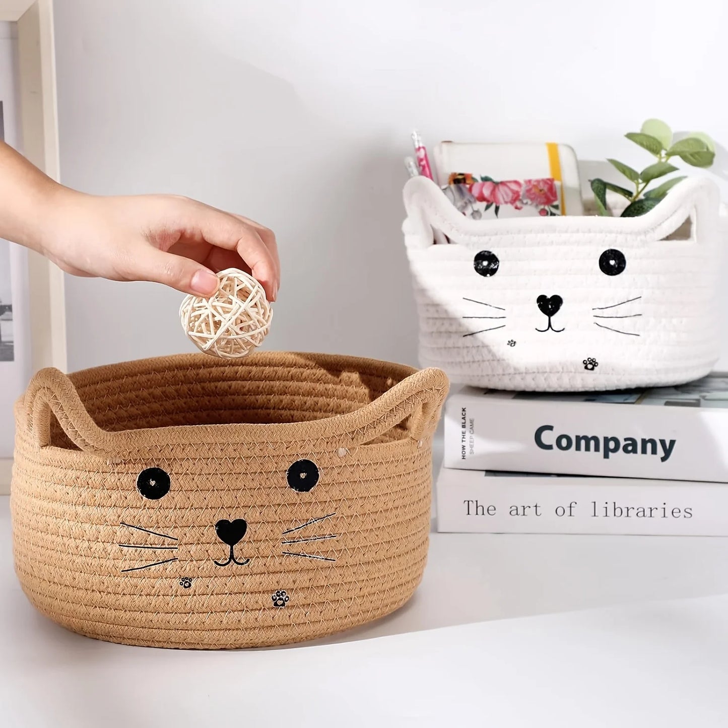 Cat Basket Storage Woven Basket Organizer with Ears Decorative Pet Toy Cute Basket Cotton Rope Basket for Gift Cat Dog Toy Bin