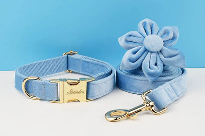 Blue Velvet Dog Collar And Leash Set For Small Medium Large Dogs Custom Engraved Nameplate Pet Supplies Dog Leash Velvet15