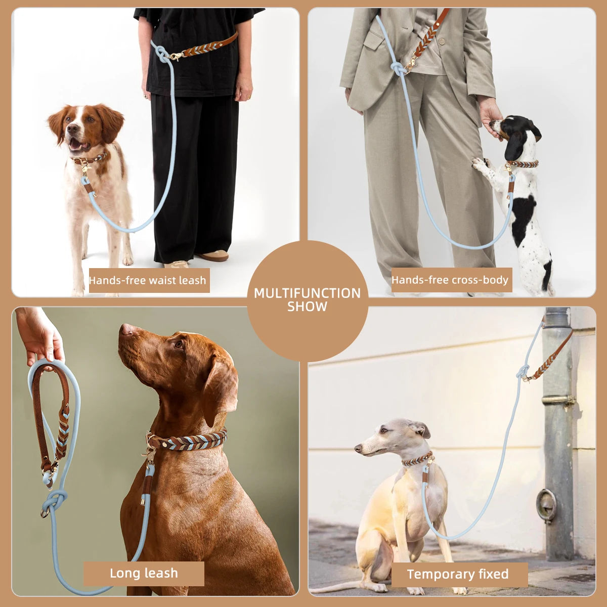 Genuine Leather Dog Leashes Multifunctional Hand-woven Crossbody And Waist Traction Rope Long And Short Nylon Round Lead Rope