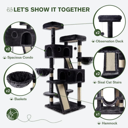 66 Inches Multi-Level Large Cat Tree Tower for Indoor Big Feline/Cozy Plush Perches/Condo/Sisal Scratching Posts/Hammock