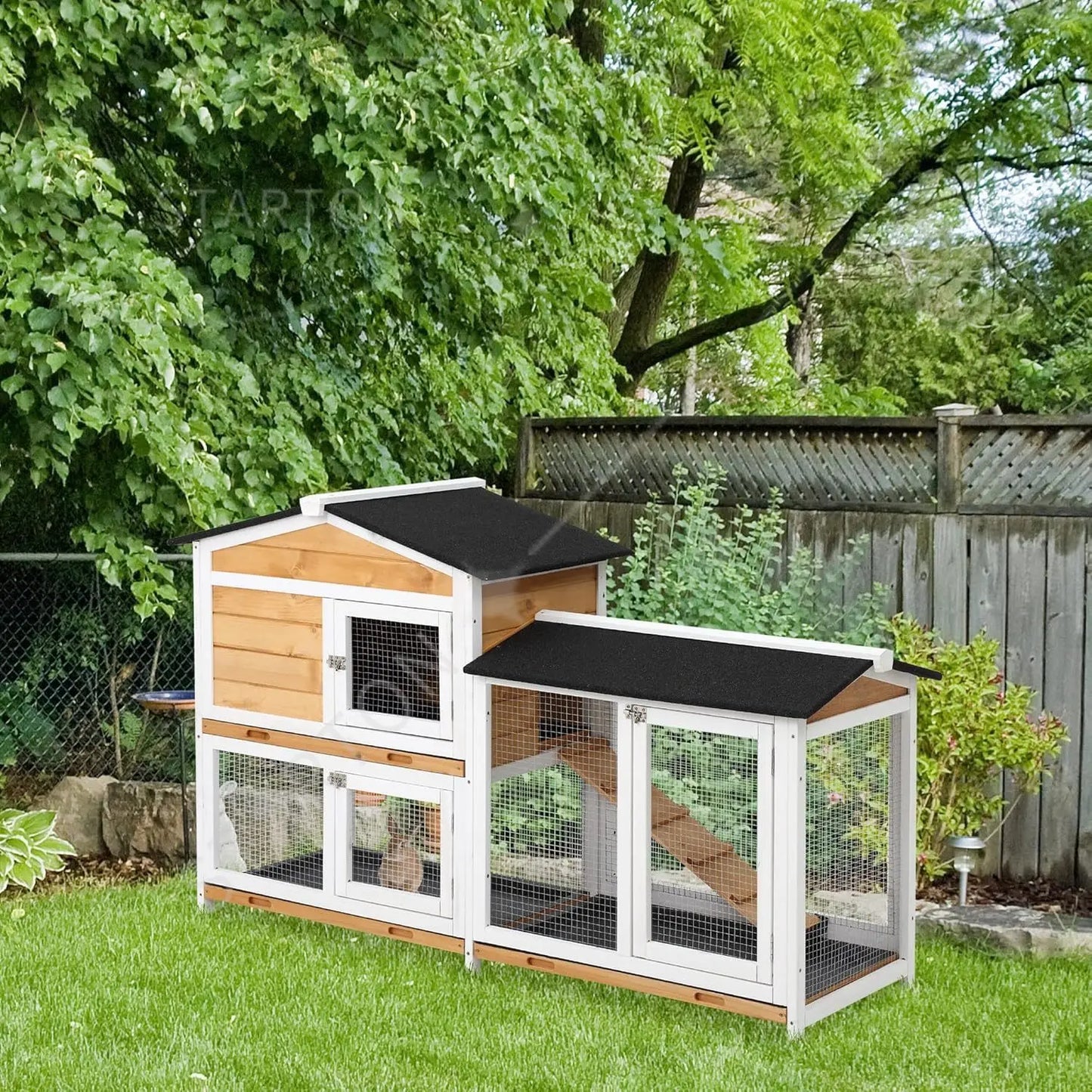 Wooden Bunny Hutch, Guinea Pig Cage, Small Animal Enclosure with Run Area, Removable Tray