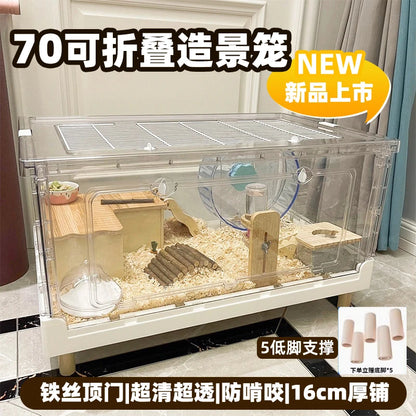 ‌Hamster Cage - Extra Large Acrylic Habitat for Syrian Hamsters, Foldable Transparent Cage with 3 Levels, Spacious Pet Home