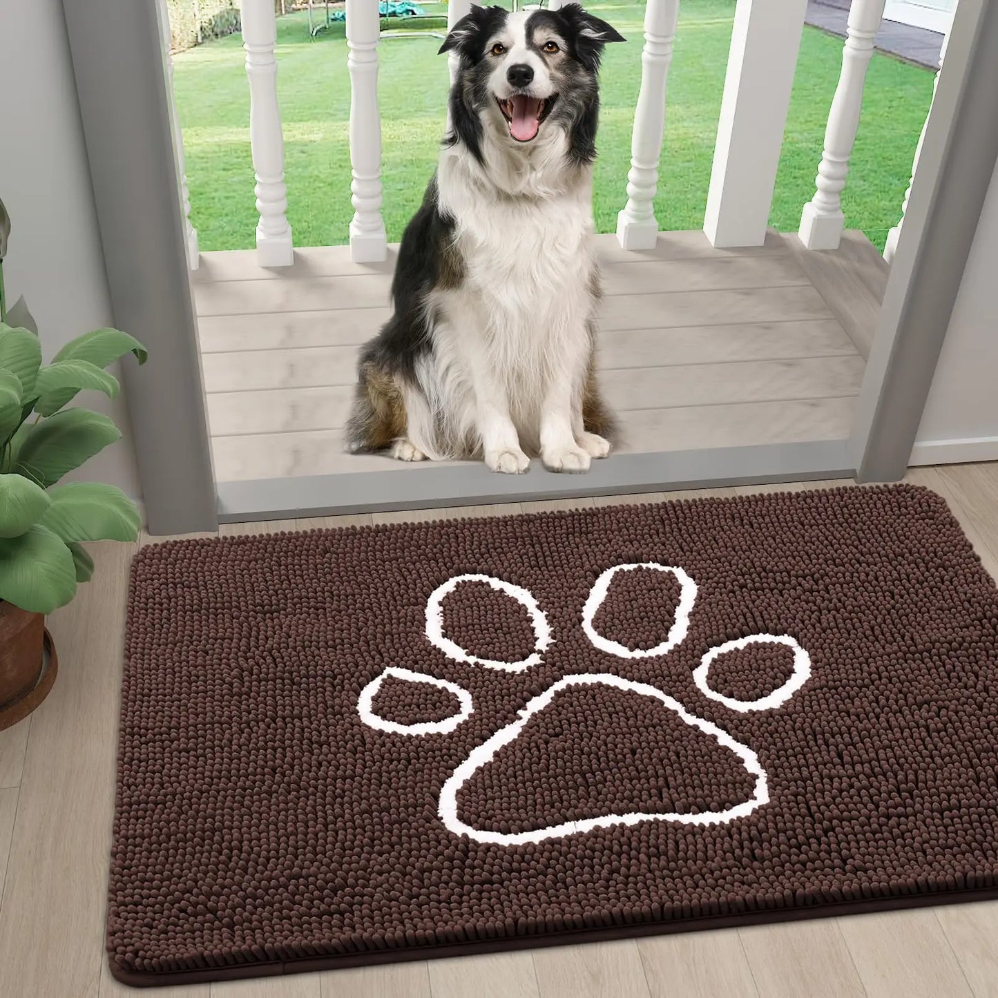 Kitinjoy Ultra Absorbent Chenille Mud Doormat With Paw Print Design Non-Slip Quick-Dry Washable Mats Door Mat for Muddy Dog Paws