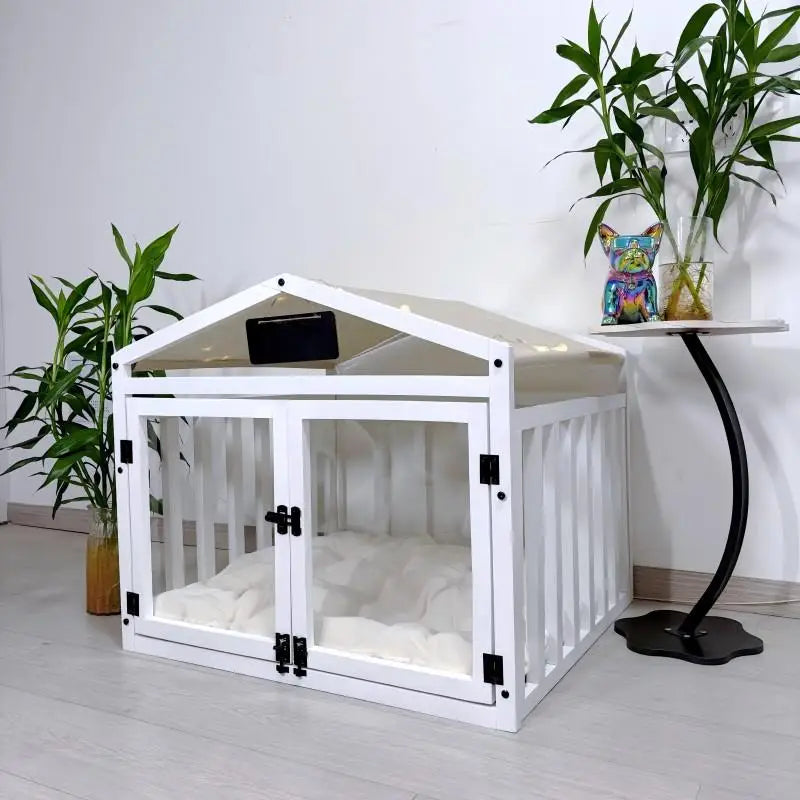 Solid Wood Luxury Dog House Indoor Pet House Removable Washable Dog Fence Double Door Dog Cage Portable Waterproof Pet Bed