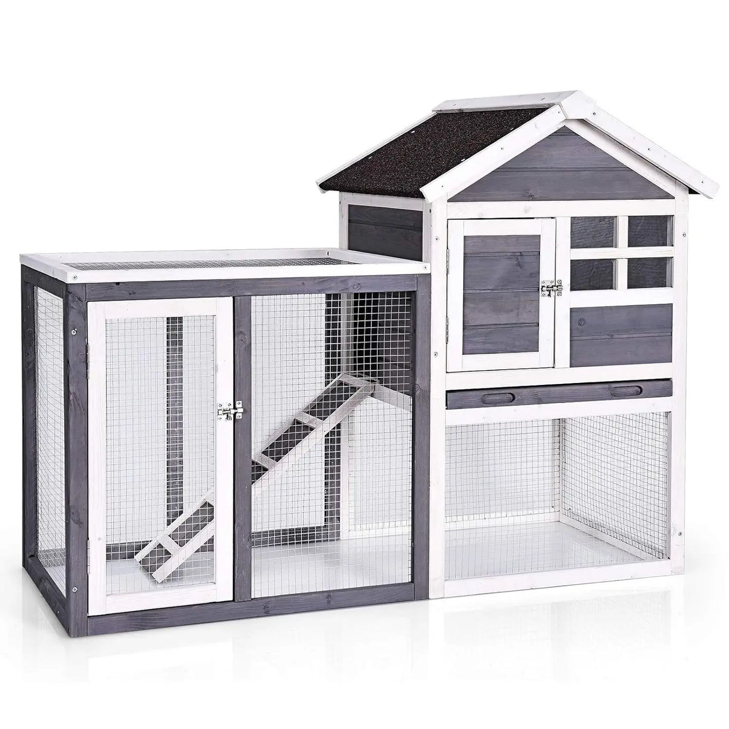 Rabbit Hutch, Indoor Outdoor Bunny Cage with Run, Wooden Rabbit Cage with Waterproof Roof & Pull Out Tray, Chicken Coop Pet