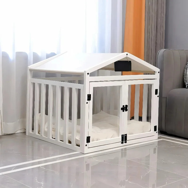 Solid Wood Luxury Dog House Indoor Pet House Removable Washable Dog Fence Double Door Dog Cage Portable Waterproof Pet Bed