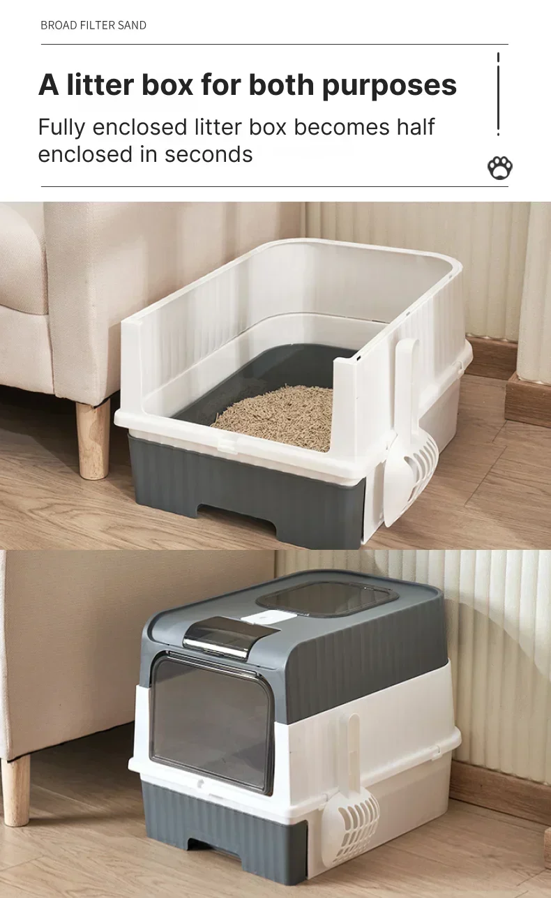 Portable Collapsible Cat Litter Pan with Splash Guard and Plastic Scoop - Pet Litter Box with Lid, Easy to Clean and Assemble