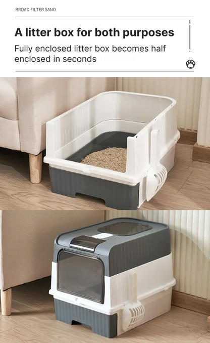 Portable Collapsible Cat Litter Pan with Splash Guard and Plastic Scoop - Pet Litter Box with Lid, Easy to Clean and Assemble