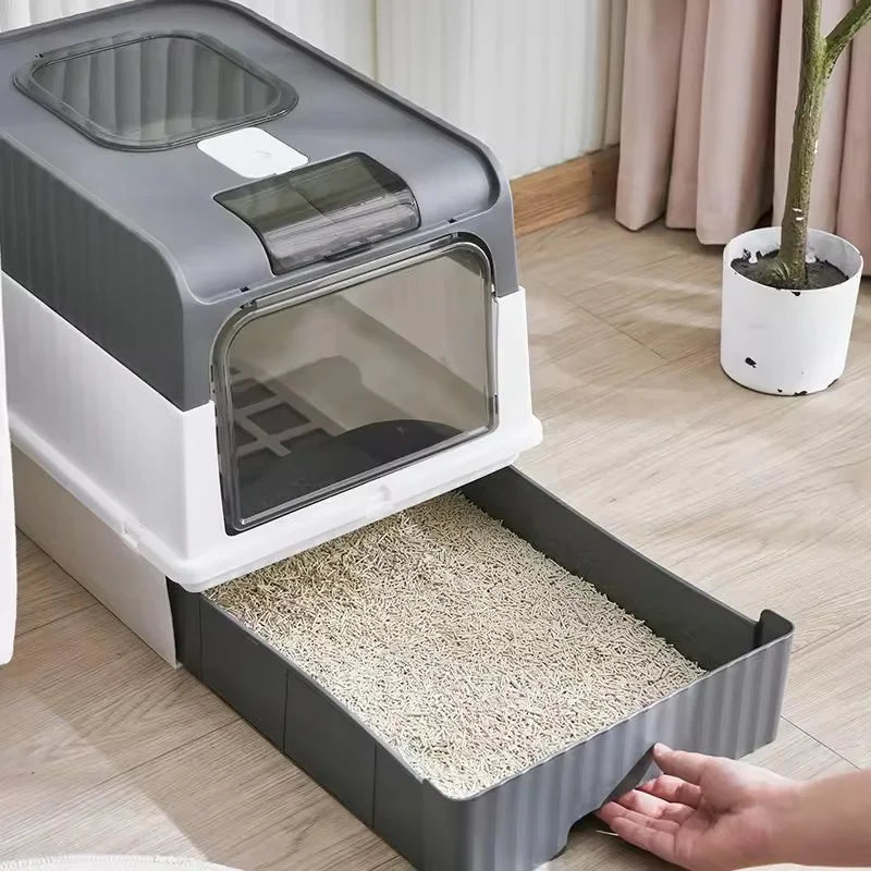Enclosed Cat Litter Box Extra Large Anti Odor Anti Spill With Transparent Door Covered Cat Toilet Pet Cleaning Products For Cats